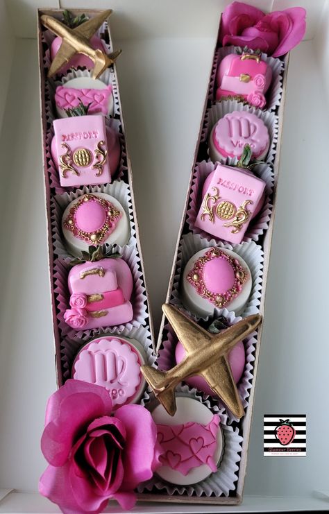 Visit www.ShopGlamourBerries.com to purchase Zodiac Embossers! Travel Theme Treats. Zodiac Chocolate Covered Strawberries, Strawberries Bouquet, Birth Cakes, Treat Business, Dessert Containers, Chocolate Covered Strawberries Bouquet, Travel Baby Shower Theme, Themed Treats, Travel Baby Showers