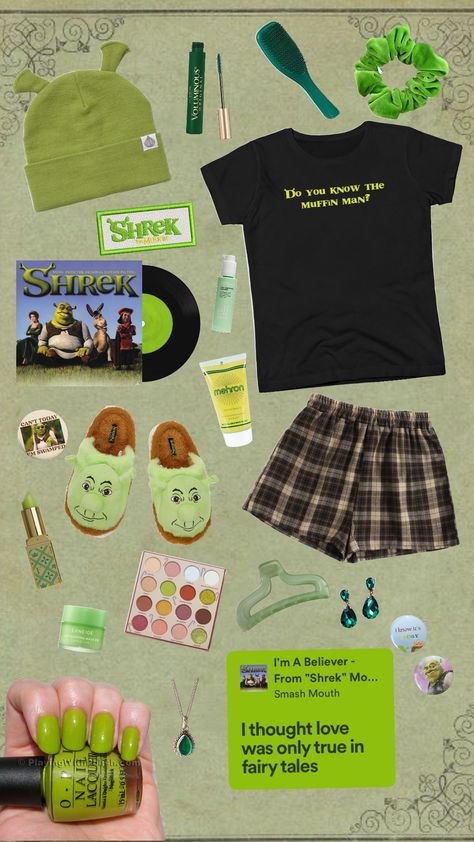 Outfits inspired by albums pt.2- shrek soundtrack #outfitinspo #clothesinspo #closetgoals #jewelryinspo #accesories #accessories #shrek #getoutmeswamp #donkey #fiona #music #clothing #outfitshuffles The Muffin Man Shrek, Shrek Aesthetic, Shuffles Outfits, Do You Know The Muffin Man, Muffin Man, Closet Goals, Shrek, Soundtrack, Aesthetic Clothes