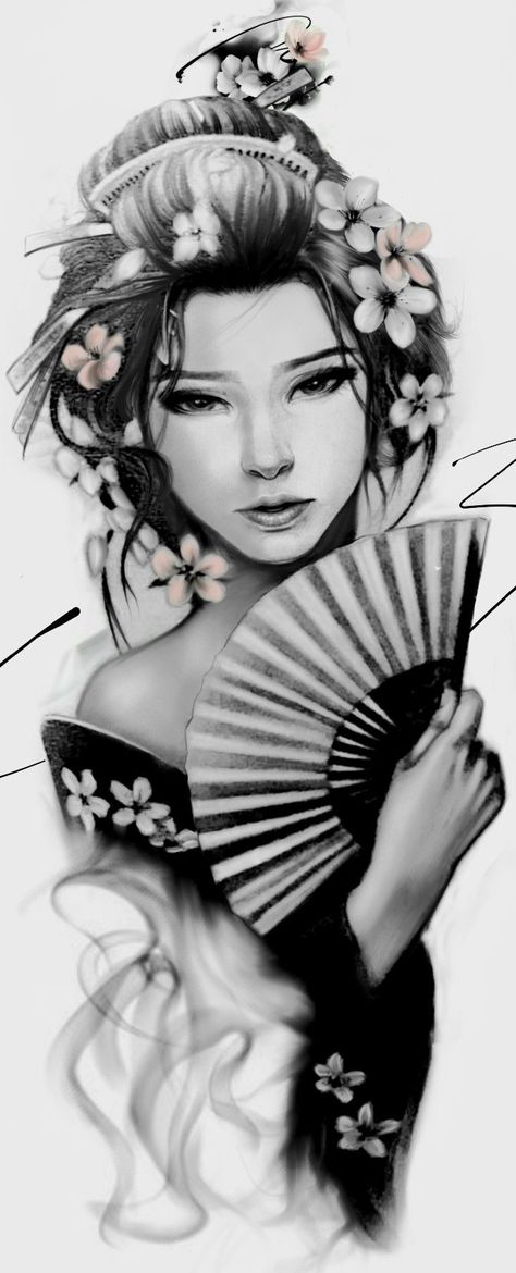 Beautiful Geisha Tattoo, Korean Geisha Tattoo, Geisha Tattoo Design For Women Back, Geisha Girl Tattoo Design, Asian Lady Tattoo, Geshia Tattoo Design, Japanese Female Tattoo, Geisha Drawing Tattoo, Japan Girl Tattoo