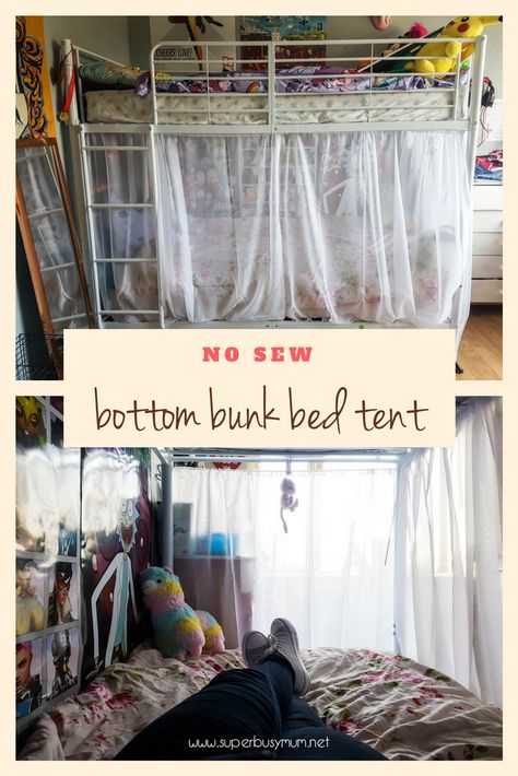 A simple no-sew bottom bunk bed tent! https://superbusymum.net/a-simple-no-sew-bottom-bunk-bed-tent/ Bottom Bunk Ideas, Loft Bed Curtains Diy, Bunk Bed Curtain Ideas, Bunk Bed Curtains Diy, Bottom Bunk Curtain, Bunk Bed Fort, Bunkbed Ideas, Bunk Bed Curtain, Bunk Bed Decor