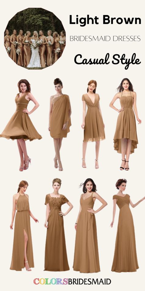 Light Brown bridesmaid dresses in casual style, on sale under $100, in 600+ custom-made styles and all sizes. 150+colors, made to order, fast arrived, color sample available. #colsbm #bridesmaids #bridesmaiddresses #brownwedding #weddingideas #casualdress #lightbrowndress b2069 Bridesmaid Dresses Light Brown, Light Brown Bridesmaid Dress, Light Brown Wedding Dress, Light Brown Wedding Theme, Wedding Theme Bridesmaid Dresses, Theme Bridesmaid Dresses, Light Brown Bridesmaid Dresses, Bridesmaid Dresses Brown, Wedding Ideas Bridesmaids