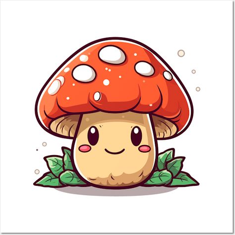 This delightful t-shirt design features a stylized illustration of a cute mushroom character with a large red cap dotted with white spots. The mushroom has a friendly face with rosy cheeks and a warm smile, giving it an endearing and whimsical appearance. It is surrounded by green leaves that add to the natural, forest-themed aesthetic of the design. -- Choose from our vast selection of art prints and posters to match with your desired size to make the perfect print or poster. Pick your favorit… Cheerful Character Design, Mushroom Character Drawing, Cute Mushroom Character, Mushroom Character, Stylized Illustration, Cartoon Mushroom, Natural Forest, Cute Mushroom, Rosy Cheeks