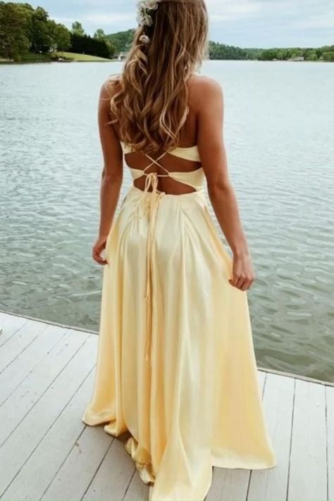 b5a1fc2085986034e448d2ccc5bb9703desc44423206ri Yellow Satin Prom Dress, Satin Prom Dress Long, Back Prom Dress, Yellow Evening Dresses, Yellow Prom, Simple Prom Dress Long, Prom Dresses Yellow, Evening Party Gowns, A Line Prom Dresses