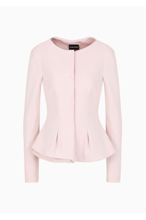 Single-breasted jacket made of stretch Milano-stitch fabric that ensures a slim fit, highlighted and accentuated by the flared hem. The front fastening is embellished with a herringbone tape motif on which the matching press studs were applied by hand. Collection Clothes, Princess Closet, Emporio Armani Women, Single Breasted Jacket, Pink Outfit, Lookbook Outfits, Press Studs, Clothes Collection, Pink Fashion