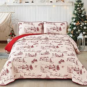 Drucon Christmas Quilt Set King Size Christmas Tree and Christmas Deer Snowman Printed Bedding Lightweight Coverlet Christmas Decorations Soft Microfiber Quilt Set 104x90 inches Red Bedding Sets, Christmas Duvet, Christmas Duvet Cover, Christmas Bedding Set, Patterned Bedding, Christmas Bedding, Red Bedding, Coverlet Bedding, Designer Bedding Sets