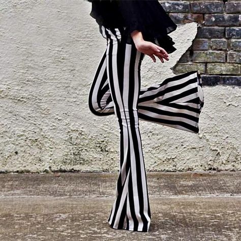 Beetlejuice Bells Mall Goth Fashion, Loose Trousers Women, Gothic Trousers, Bell Bottom Leggings, Striped Wide Leg Pants, Wideleg Pants, Loose Trousers, Long Trousers, Casual Stripes