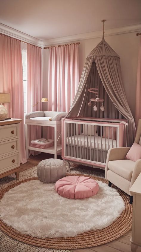 muted pink walls, pink crib with a canopy and a mobile hanging. jute rug layered with white fluffy rug and the nursery is neutral pink. Small Nursery Paint Colors, Modern Baby Nursery Neutral, Newborn Baby Room Ideas, Creamy Paint Colors, Neutral Nursery Ideas, Neutral Baby Nursery, Baby Nursery Ideas, Nursery Paint Colors, Gender Neutral Decor