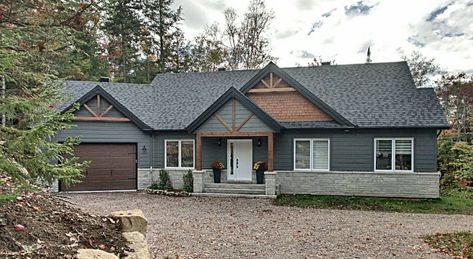 Dark Gray House With Cedar Accents, Adding Peaks To Ranch House, Dark Farmhouse, Outside House Paint, Outside House Colors, Siding Ideas, Johnson House, Construction House, Ranch House Exterior