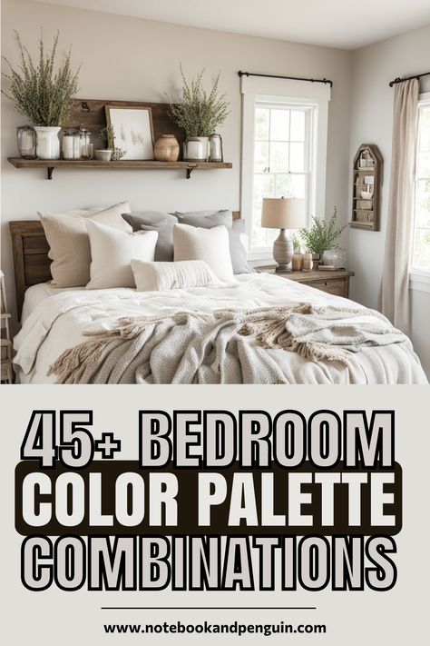 Did you know that colors can affect your mood and energy levels? Choose the right bedroom color scheme and wake up feeling refreshed and revitalized Explore our collection of 45+ bedroom color scheme ideas and discover the perfect palette to boost your mood and transform your bedroom into a happy haven. #BedroomColorSchemeIdeas #MoodBoost #ColorTherapy #HappyHaven Gray Furniture Bedroom Color Combos, Color Combos With Gray, Magnolia Bedroom Ideas Color Schemes, Organic Modern Bedroom Color Palette, Bedding Color Scheme Ideas, Color Scheme Bedroom Ideas, Bedroom Sheets Ideas Color Schemes, Taupe Bedroom Colour Schemes, Neutral Bedroom Ideas With Pop Of Color