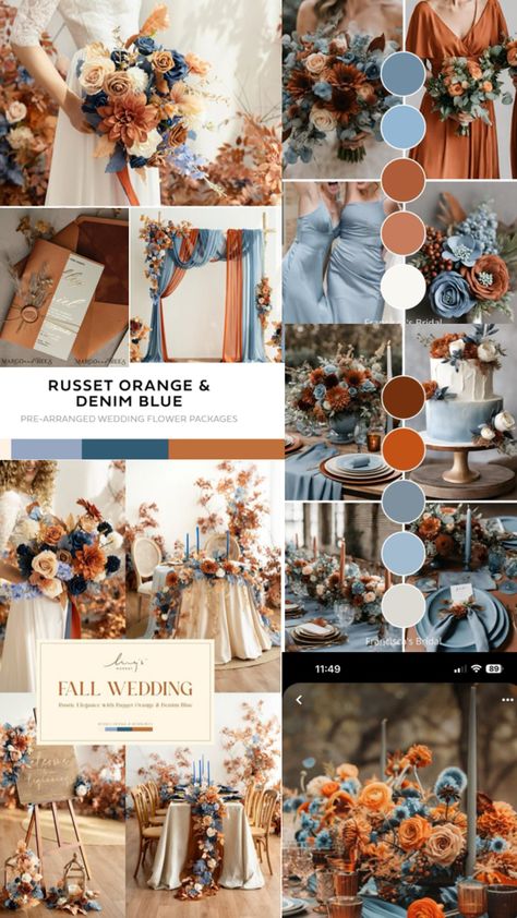 Dusty Blue And Orange Wedding, Dusty Blue And Rust Wedding, Blue And Orange Wedding Theme, Orange And Blue Wedding, Blue And Orange Wedding, Green Wedding Palette, Blue Orange Weddings, Orange Wedding Themes, Blue Green Wedding