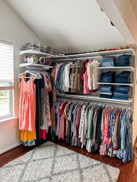 Three Tier Hanging Closet, Closet With Vaulted Ceiling, Shoe Storage Closet Ideas, Make Shift Closet, Rubbermaid Closet Organizers Ideas, Wire Shelf Closet Organization, Large Closet Organization, Closet Organization Ideas Master, Closet Shelf Organization Ideas