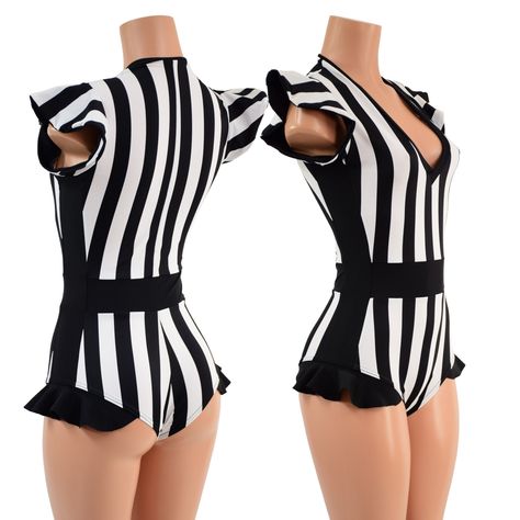 "This bodysuit is made from our Black and White Striped Spandex. The contrasting waistband, neckline trim, side panels, and hip ruffles are smooth black spandex. This hot little number is a real stunner, with a cheeky Siren leg cut, V neck, and four way stretch fit. This item is made to order. Ships out within 5 days of purchase. Womens Sizing (See below for instructions on where measurements should be taken) XXS: Bust 29\"-30\" / Waist 22\"-23\" / Hips 30\"-32\" Extra Small: Bust 31\"-32\" / Wa Art Outfit, Outfit Korean, Pretty Lingerie, Olive Branch, Goth Outfits, Cool Costumes, Side Panels, Rompers Women, Art Clothes