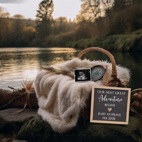 "Demo link: https://www.corjl.com/d/3F125O Embrace the joy of welcoming your baby with a hunting, camping, or fishing theme twist! Share the exciting news that \"our next greatest adventure begins\" with this adorable digital pregnancy announcement. Enjoy! Please be aware that you will NOT receive a physical copy of the photo via mail. This is a square 10.66 x 10.66-inch digital image that you'll be able to edit using the link from Corjl. If you get stuck or have any questions, then feel free to contact us :)  Images belong to We Can Bearly Wait Co. and are copyright protected. Therefore, these photos cannot be purchased for resale, claimed as your own design, or copied." Pregnancy Announcement Outdoorsy, Adventure Pregnancy Announcement, Lake Pregnancy Announcement, Camping Pregnancy Announcement, Adventure Baby Announcement, Fishing Baby Announcement, Hunting Baby Announcement, Fishing Pregnancy Announcement, Baby Announcing Ideas