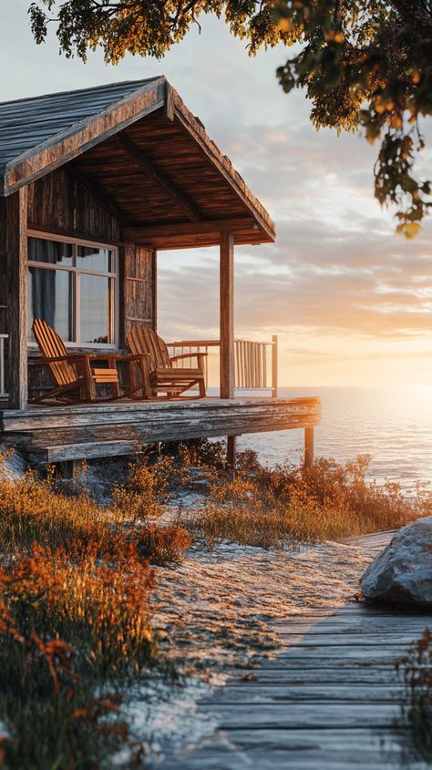 Quaint coastal cabin with a sea view deck Seaside Cabin, Coastal Cabin, Cabin Vibes, On Beach, Sea View, Cozy Cabin, Coastal Homes, A Sea, Coastal Living