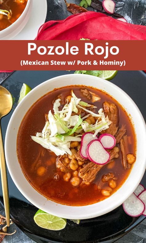 Pozole Rojo is a rich Mexican stew, made with pork and hominy, and loaded with fresh toppings. The perfect bowl of comfort for any time. #pozolerojo #mexicanfoodrecipes #mexicanrecipe #soup #stew #pork Red Pozole Recipe, Authentic Pozole, Pozole Recipe Pork, Red Pozole, Pozole Rojo Recipe, Posole Recipe, Pozole Recipe, Mexican Stew, Pork Soup