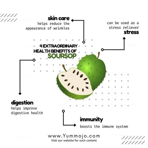 4 extraordinary health benefits of soursop

skin care
helps reduce the appearance of wrinkles
stress
can be used as a stress reliever
digestion
helps improve digestive health
immunity
boosts the immune system Health Benefits Of Soursop, Irish Moss Recipes, Soursop Benefits, Benefits Of Soursop, Soursop Fruit, Fruit Health Benefits, Fruit Benefits, Help Digestion, Healthy Advice