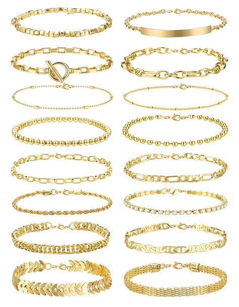 PRICES MAY VARY. 【Suitable for Sensitive Skin】: High-quality 14k gold-plated women's bracelet will not make your wrist green, durable, free of lead and nickel, hypoallergenic, suitable for sensitive skin. 【Gold Bracelet Set】: An order includes 16 pcs Stacked Beaded Bracelets: CZ Tennis Bracelet, Figaro Bracelet, Paper Clip Bracelet, Twist Chain, etc. Different styles will match your different clothes perfectly! Suitable for people of all ages, these bracelets will keep you fashionable and charmi