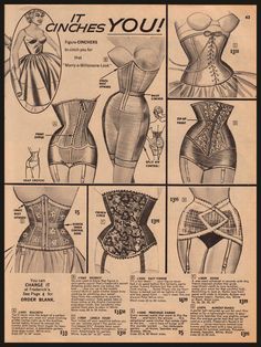 the late 1940's and 1950's was the return of the corset. After two decades of not emphasizing the female figure, fashion leapt from one extreme of having no figure to another extreme of showing and even forcing an hourglass figure. 1950s Corset, 1950s Lingerie, Vintage Girdle, Mode Chanel, Retro Lingerie, Vintage Corset, Fashion 1950s, Retro Ads, Retro Mode