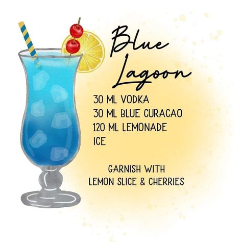 Blue Lagoon Drink Recipe, Blue Lagoon Drink, Tequila Sunrise Recipe, Cocktails Drawing, Bartending 101, Blue Lagoon Cocktail, Cocktail Posters, Bartender Drinks Recipes, Bartender Drinks