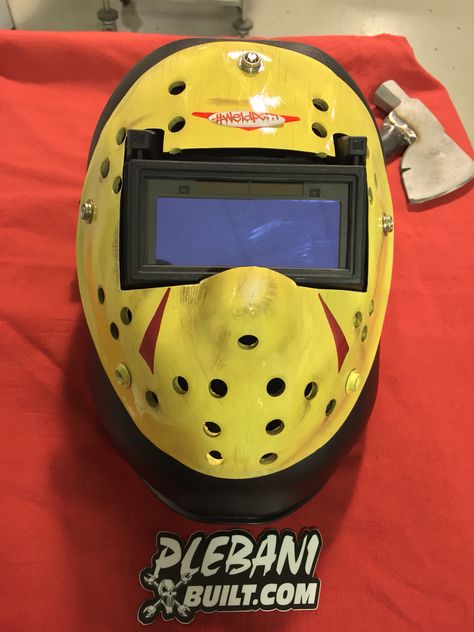 Jason welding hood Welding Helmet Art, Custom Welding Hoods, Custom Welding Helmets, Welding Helmet Designs, Welding Hood, Welding Hoods, Welding Design, Welding Gear, Welding Rigs