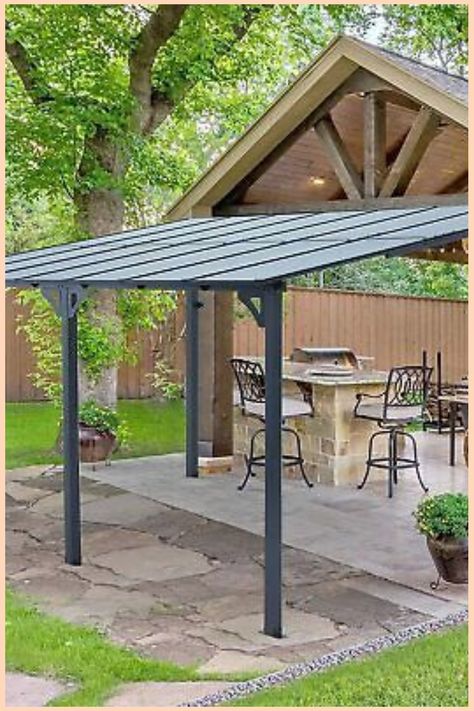 outdoor decor backyard Backyard Patio With Pergola, Shade Structures For Patio, Metal Awning Patio, Awning Ideas Patio, Outdoor Patio Roof Ideas, Yard Pavers, Backyard Cover, Metal Patio Covers, Awning For Patio