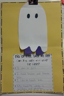 Halloween Writing Craft: "Trick or treat, smell my feet. Can you guess who's under the sheet?" {FREEBIE} 2nd Grade October Art Projects, Halloween Ela Activities First Grade, October Writing First Grade, Halloween Writing Activities First Grade, Halloween Art For Grade 1, Ghost Writing Activity, First Grade Fall Writing Craft, Halloween Writing First Grade, First Grade Fall Writing