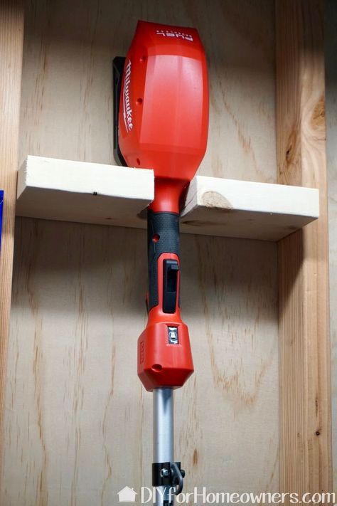 Storage For Lawn Tools, Garden Power Tool Storage Ideas, Diy Lawn Equipment Storage, Milwaukee Tools Storage Garage, Outdoor Power Equipment Storage, Garden Power Tool Storage, Garage Yard Tool Storage Ideas, Pressure Washer Storage Ideas, Milwaukee Tool Organization