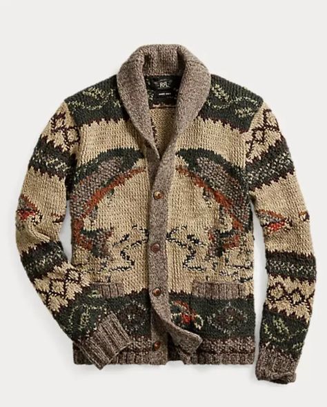 RRL Ralph Lauren Hand-Knit Fair Isle Fish & Deer Cardigan Size XS | eBay Cowichan Sweater, Double Rl, Shawl Collar Cardigan, Long Sleeve Coat, Mens Cardigan, Stylish Sweaters, Collar Cardigan, Mode Casual, Knitwear Men