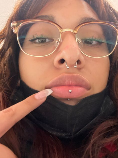 Lip Piercings Women, Piecing Ideas Face, Face Peicerings, Pretty Piercings Face, Vertical Lip Piercing, Angel Bites And Vertical Labret, Eye Brown Piercing, Lip Piercing Vertical Labret, Spectrum Piercing