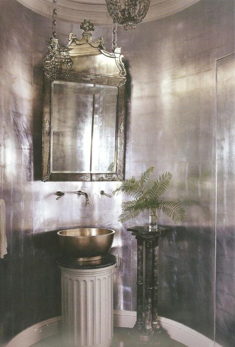 Silver Bathroom, South Shore Decorating, Silver Wallpaper, Silver Walls, Mirror On The Wall, Wall Finishes, Bath Room, Venetian Mirrors, Wallpaper Mural