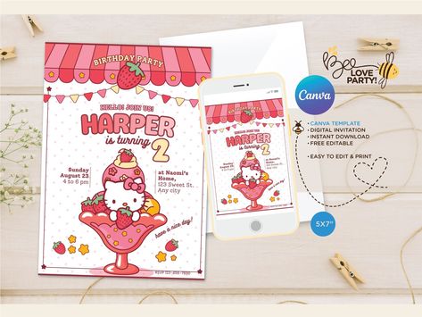 Kawaii Birthday Invitation, Kawaii Invitation, Ice Cream Party Invitations, Cat Invitations, Cat Ice Cream, Kawaii Birthday, Etsy Invitations, Cute Themes, Bday Girl