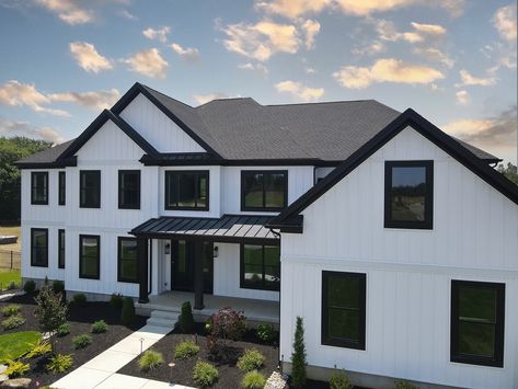 What’s your favorite feature in a modern home? 🏡 Check out this stunning new construction in Mullica Hill with its sleek finishes and contemporary design. It features board and batten siding, metal roof accents, black frame windows, and black gutters. We love the way it all came together!🙌 What do you think? Share your thoughts and let us know which features you love the most in a home.😁 Black Frame Windows, Black Gutters, Roof Accents, Metal Gutter, Federal Style House, Frame Windows, Mind Movie, White Siding, Porch Colors