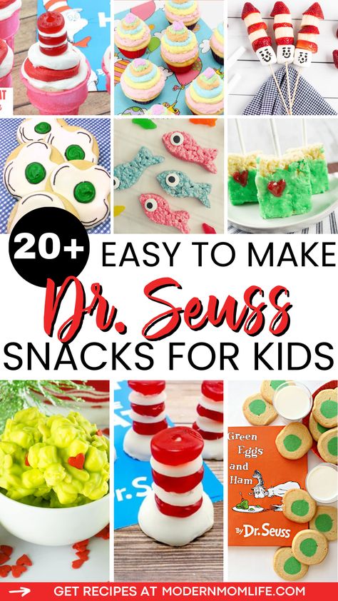 Whisk your little ones away to the whimsical world of Dr. Seuss with these 25 easy snack ideas! From Green Eggs & Ham Pretzel Buttons to Grinch Fruit Kebabs, these snacks are not only delicious but also a feast for the eyes. Perfect for themed parties, school events or a fun-filled afternoon at home, these recipes will inspire creativity in the kitchen. #DrSeuss #DrSeussParty #DrSeussRecipes Dr Seuss Treats For School, Dr Seuss Snack Ideas, Green Eggs And Ham Snack, Dr Seuss Crafts For Kids, Pretzel Buttons, Dr Seuss Treats, Grinch Fruit, Unique Holiday Treats, Dr Seuss Cupcakes