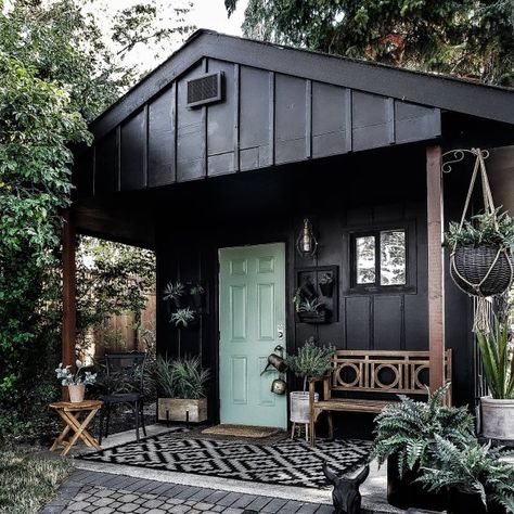 Dark Green Exterior House, Exterior House Ideas, Dark Exterior House Colors, Dark Green Exterior, Green Exterior House, Tricorn Black, Boho Beach House, Mobile Home Exteriors, Shed Makeover