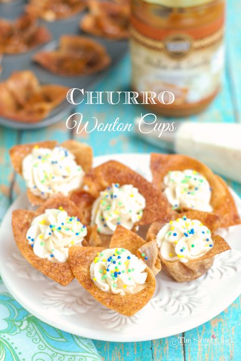 Churro Wonton Cups by The Sweet Chick Wonton Cups, Churros Recipe, Wonton Recipes, Potluck Desserts, Rainy Weather, Dessert Cups, Frosting Recipes, Savoury Dishes, Sweet Snacks