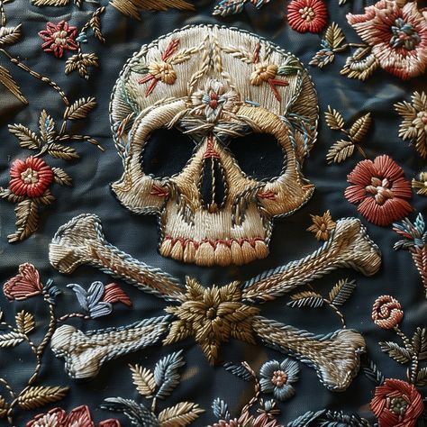 Today's Midjourney Experiment. Prompts: skull and crossbones, embroidery, wool thread, floral pattern, on military camouflage fabric, --stylize 800 --v 6 Vampire Embroidery, Skull Embroidery Pattern, Embroidery Skull, Skull Embroidery, Halloween Quilt, Skull Fabric, Fiber Crafts, Military Camouflage, Skull Pattern