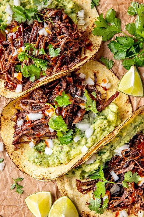 VIRAL CHUCK ROAST TACOS Street Tacos And Sides, Crockpot Chipotle Pot Roast Tacos Half Baked Harvest, Chaco Taco Recipe, Things To Cook With Chuck Roast, Chuck Roast Crock Pot Tacos, Mexican Chuck Steak Recipes, Chuck Roast Pulled Beef Instant Pot, Mexican Pot Roast Tacos, One Pan Taco Chuck Roast