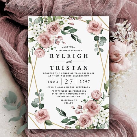 Dusty Rose Pink and Gold Floral Greenery Wedding Invitation Dusty Pink Wedding Theme, Sage Eucalyptus, 3d Templates, Nice Makeup, Vowel Renewal, Makeup Images, Wedding Products, Floral Greenery, Dusty Rose Wedding