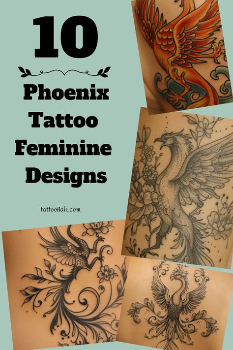 Explore stunning phoenix tattoo designs for women that exude femininity and strength. Whether you're seeking intricate details or minimalist styles, these phoenix tattoos are perfect for inspiring your next ink. From vibrant colors to subtle black ink, find the perfect idea to symbolize rebirth and resilience. Embrace the legendary creature's symbolism with a beautiful design that reflects your inner fire and power. Discover unique phoenix tattoo ideas for women and get inspired to express your Phoenix Forearm Tattoo For Women, Tattoo Pheonix Women, Phonex Tattoo Woman, Phoenix Tattoo On Thigh, Still I Rise Phoenix Tattoo, Phoenix Spine Tattoo, Unique Phoenix Tattoo, Phoenix Tattoos For Women, Watercolor Phoenix Tattoo