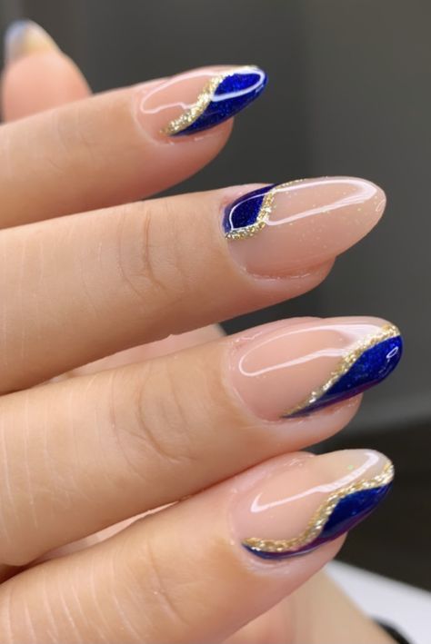 Navy White And Gold Nails, Dark Blue And Gold French Tip Nails, Ffa Nails Ideas Blue Gold, Ffa Nails Ideas, Blue And Gold Nails Short, Royal Blue Hoco Nails, Ffa Nails, Royal Blue And Gold Nails, Blue And Gold Nail Designs