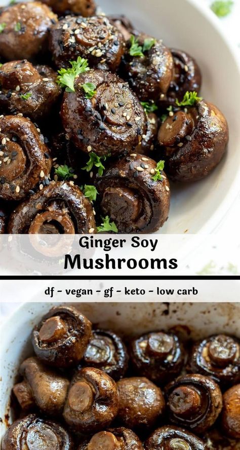 These Ginger Soy Roasted Mushrooms are a simple side dish recipe idea. Just toss mushrooms with some Asian inspired ingredients and roast them for a flavorful side dish or appetizer.This recipe is vegan dairy free keto low carb with gluten free options. - roasted mushrooms cooking mushrooms baked mushrooms recipes for mushrooms mushrooms recipes healthy best mushrooms asian mushrooms vegan asian Low Carb Asian Side Dishes, Japanese Mushrooms Recipes, Asian Portabella Mushroom Recipes, Vegan Mushroom Side Dishes, Asian Style Mushrooms, Asian Mushrooms Recipes, Teriyaki Mushrooms Recipes, Korean Mushroom Side Dish, Keto Asian Side Dishes