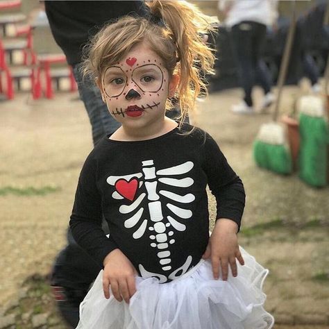 Children Halloween Makeup, Girls Skeleton Face Paint, Toddler Skeleton Costume Girl, Toddler Skeleton Face Paint, Baby Skeleton Makeup, Easy Skeleton Face Paint For Kids, Skeleton Kids Makeup, Skeleton Makeup For Kids, Toddler Skeleton Makeup