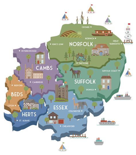 Rowena Leanne - Map of East Anglia Raf Lakenheath, Woodbridge Suffolk, Customer Profile, Suffolk Coast, Football Poses, Illustrated Maps, England Map, Map Illustration, Map Pictures