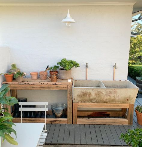 NEALE WHITAKER’s Instagram post: “Upcycling chic👌This old double sink had been abandoned on our property when we bought it. Now thanks to Micheal Graham @the_villageplumber…” Outdoor Mud Room, Outdoor Garden Sink, Garden Sink, Veg Patch, Propagation Station, Potting Table, Outdoor Sinks, Farmhouse Landscaping, Flower Room