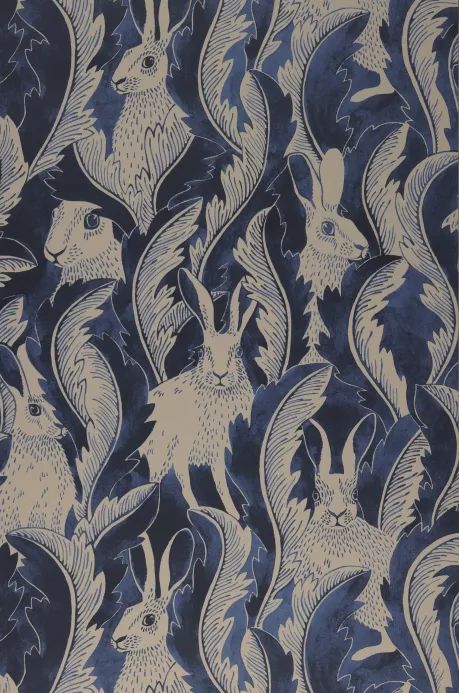 Wallpaper Hares in Hiding steel blue | Wallpaper from the 70s Hares In Hiding Wallpaper, Flying Ducks Wallpaper, Katie Scott Wallpaper, Dark Nursery Aesthetic, Peel And Stick Wallpaper Accent Wall, Blue Powder Room Wallpaper, Wallpaper Trends For 2024, Blue Rabbit Wallpaper, Conversational Wallpaper