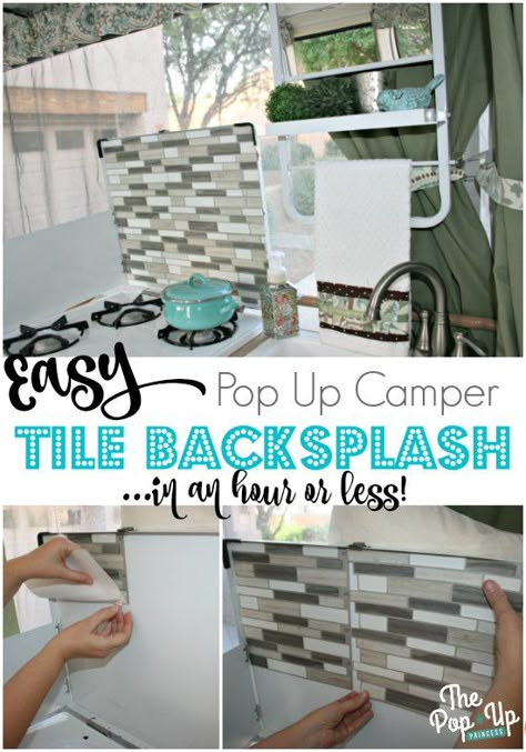 Adding a tile backsplash to your camper is a simple and inexpensive way to completely transform your RV's kitchen area. Pop Up Camper Backsplash, Camper Updates, Rv Organizing, Camper Upgrades, Pop Up Camper Remodel, Trailer Upgrades, Tent Trailer Remodel, Pop Up Campers, Pop Up Princess