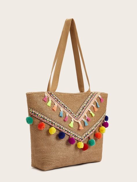 Pompom & Tassel Decor Tote Bag | SHEIN Pompom Tassel, Canvas Grocery Bag, Boho Tote Bag, Tassel Decor, Boho Tote, Tassels Decor, Shoulder Tote Bag, Style Boho, Shoulder Tote