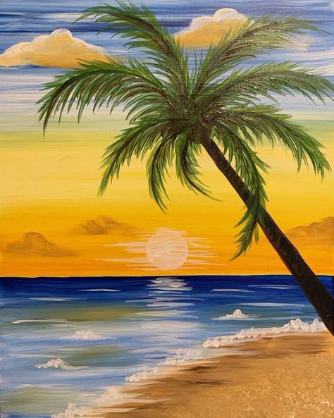 Simple Painting Ideas For Kids, Easy Sip And Paint Ideas Step By Step, Simple Beach Painting, Painting On Canvas Simple, Summer Canvas Painting, Easy Oil Painting Ideas, Oil Painting Ideas For Beginners, Easy Painting Ideas For Kids, Palm Tree Paintings