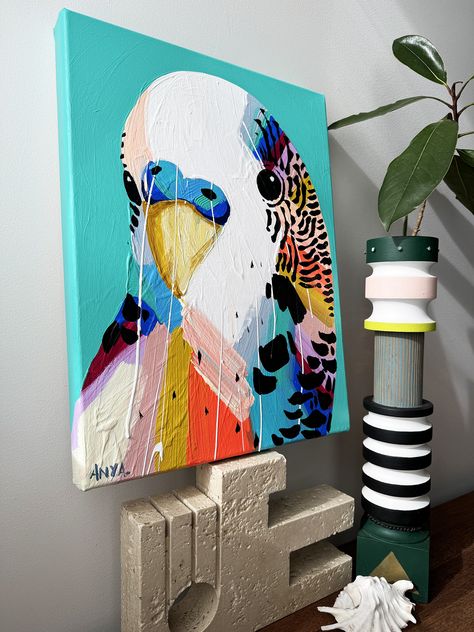 One of the few of the small bird paintings left.   Recently I've been reverting to full on colour and MAN ALIVE does it make me happy.   'Budgie Nine'  #anyabrock Budgie Painting, Anya Brock, Paintings Canvas, Bird Paintings, Paintings Artwork, Bird Painting, Canvas Acrylic, Painting Art Projects, Online Painting