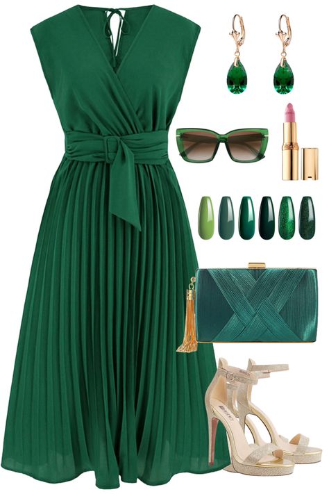 Wedding guest dress, green sunglasses, green clutch, Green Wedding Guest Dresses, Olive Green Weddings, Dress And Accessories, Summer Wedding Guest, Summer Wedding Guests, Wedding Guest Outfit Summer, Guest Outfit, Green Wedding, Suede Jacket